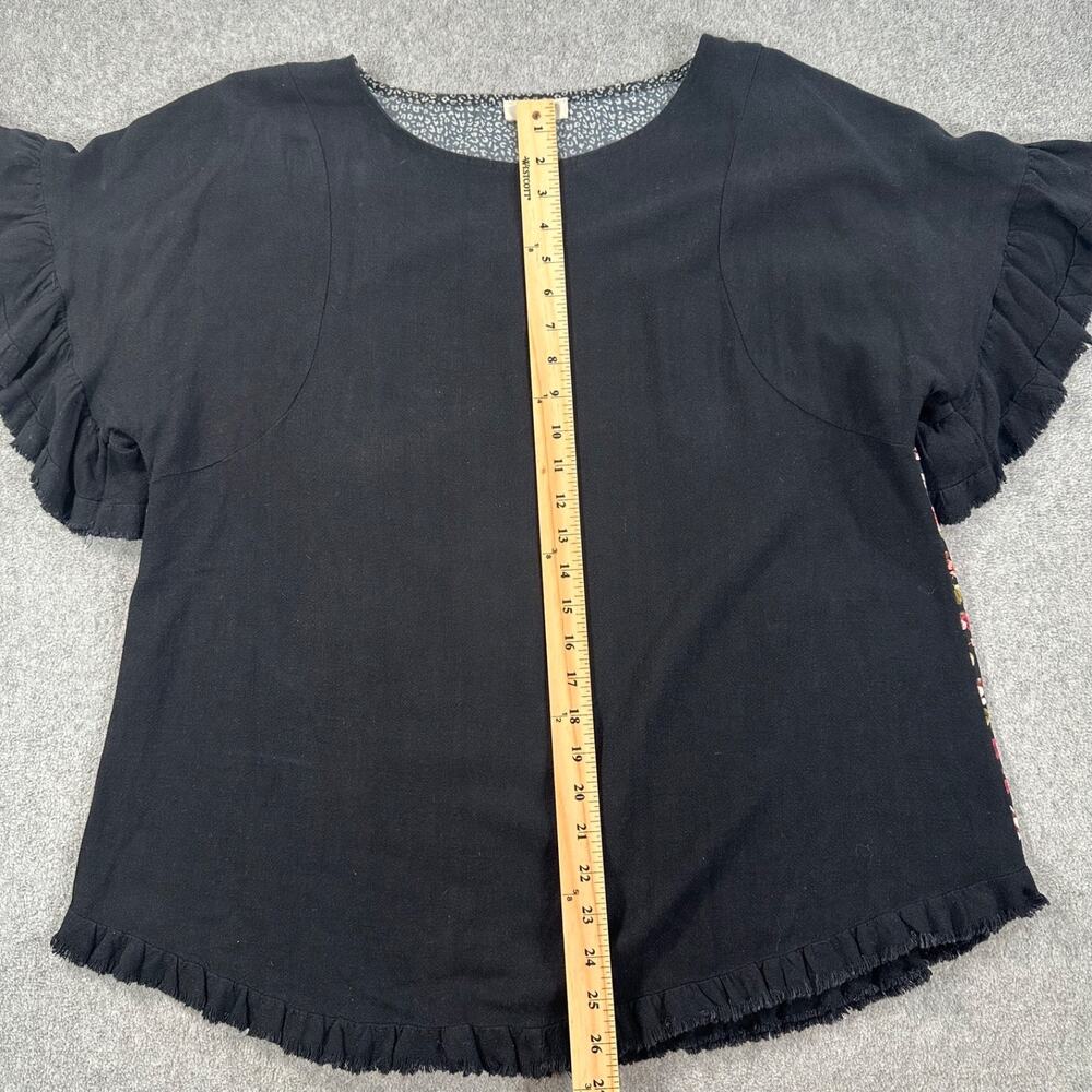 Umgee Women's Small Ruffle Sleeve Oversized Mixed Print Blouse Black Floral - Picture 5 of 9